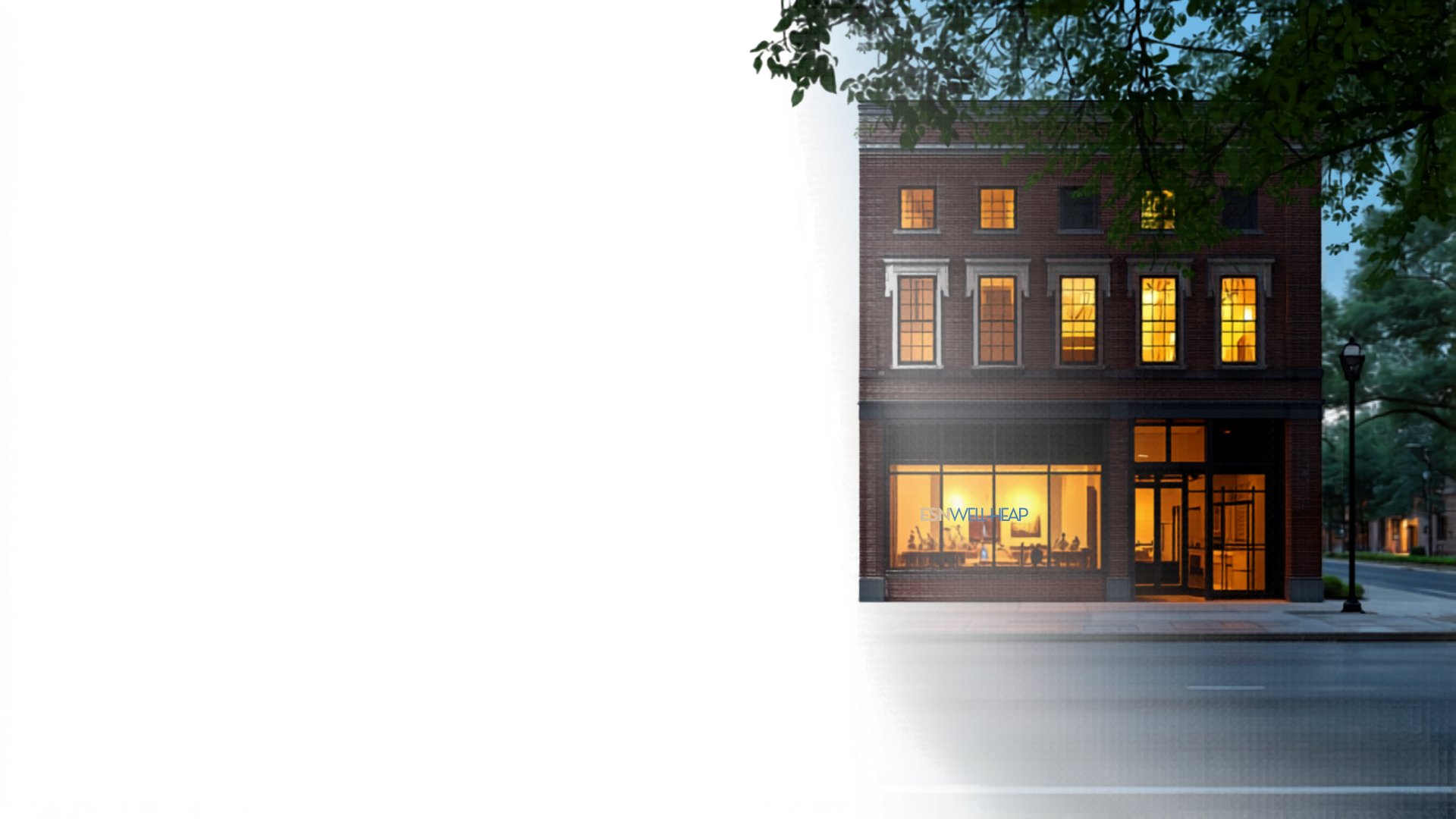 Upscale Scarsdale financial district storefront at dusk